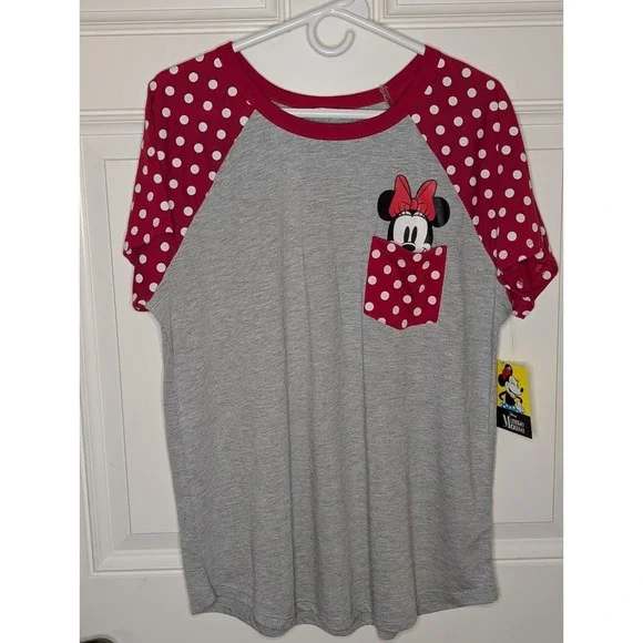 Disney Minnie Mouse Pocket Tee Women's 1X Gray Red White Polka Dot Sleeve NWT - Picture 2 of 5